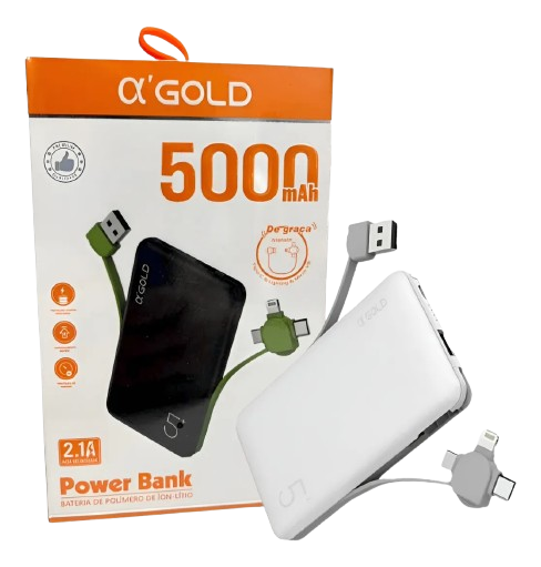 Power Bank 5000mah Leve E Prático Com 3 Cabos Fixos