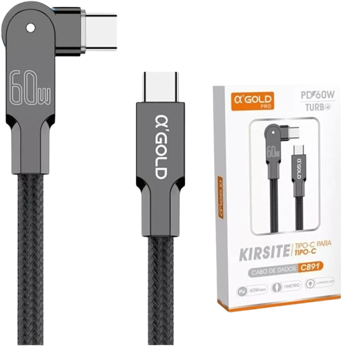 Cabo Tipo-C para Tipo-C 60W Turbo PD 1m Original Pro Conector 180°  